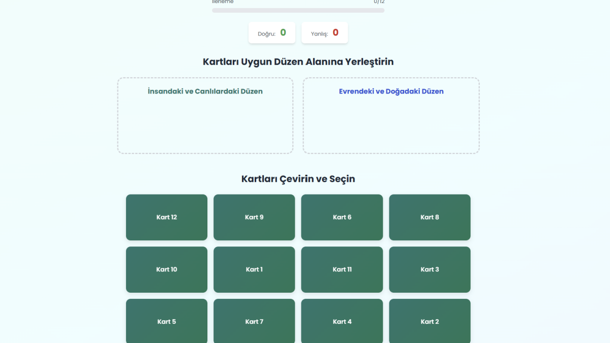 Evrendeki Mükemmel Düzen (kartları Cevapla, Doğru Alana Yerleştir)