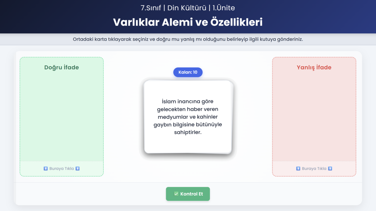 Varlıklar Alemi (doğru-yanlış İfadeler Etkinliği)
