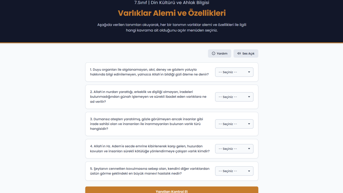 Varlıklar Alemi Ve Özellikleri (açılırkutudan Cevabı Seçme)