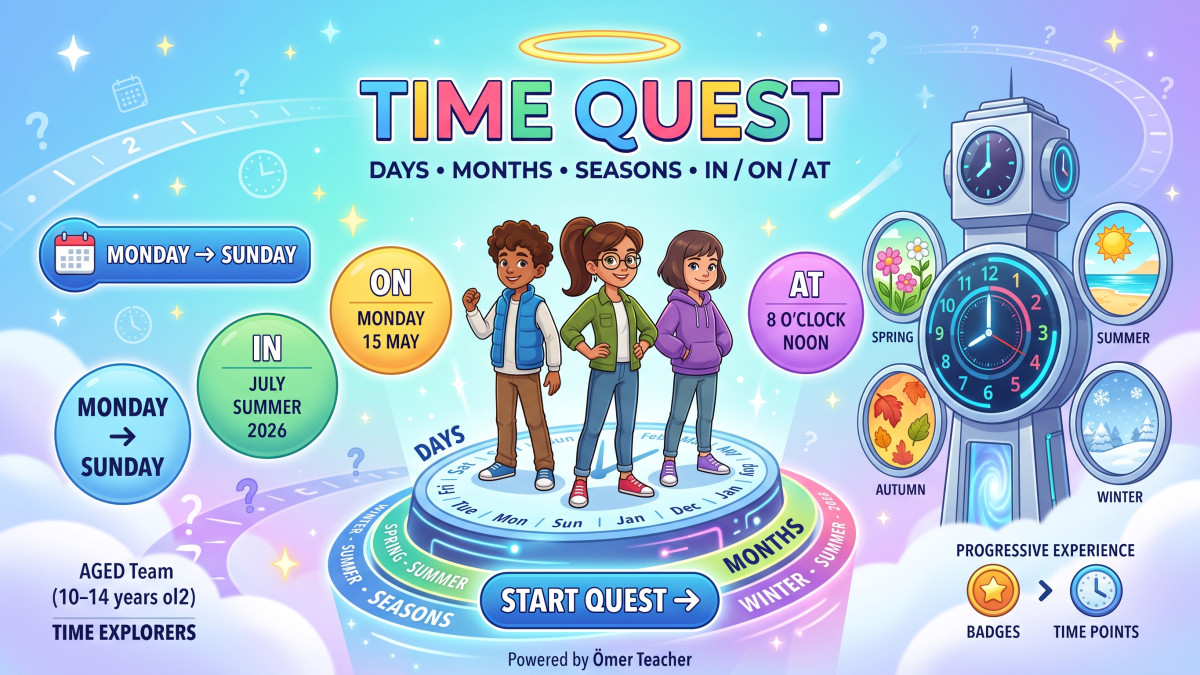 Time Quest: Days, Months, Seasons & Prepositions (in / On / At)